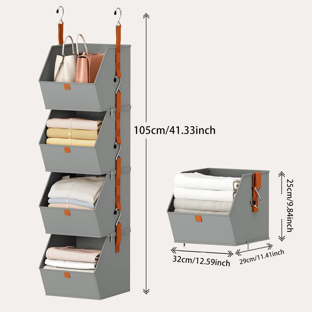 Foldable 4 Tier Hanging Closet Organizer Non-Woven Fabric Storage Shelves for Wardrobe – Grey