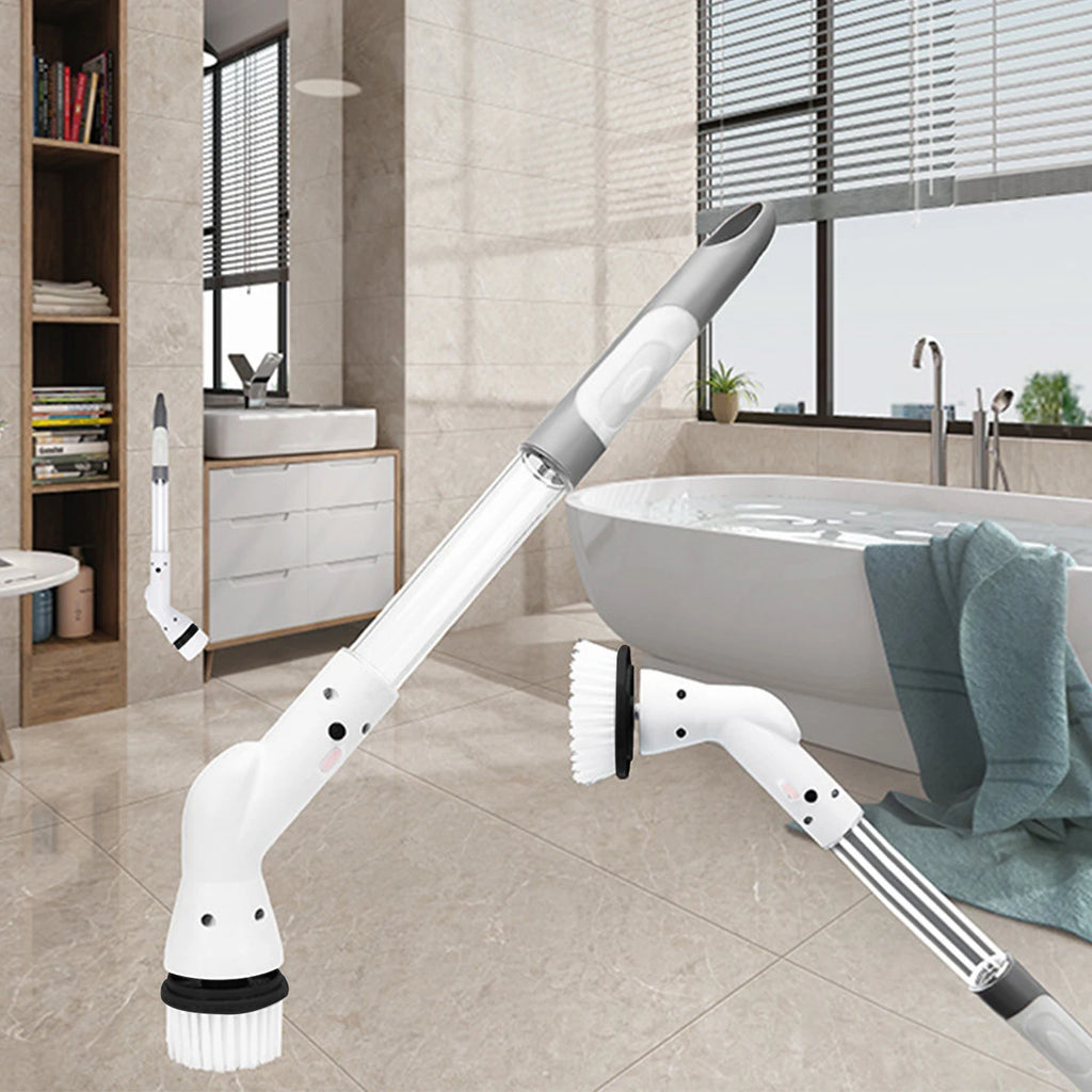 Cordless Electric Cleaning Brush Rotary Scrubber with Extension Handle Adjustable Speed - White