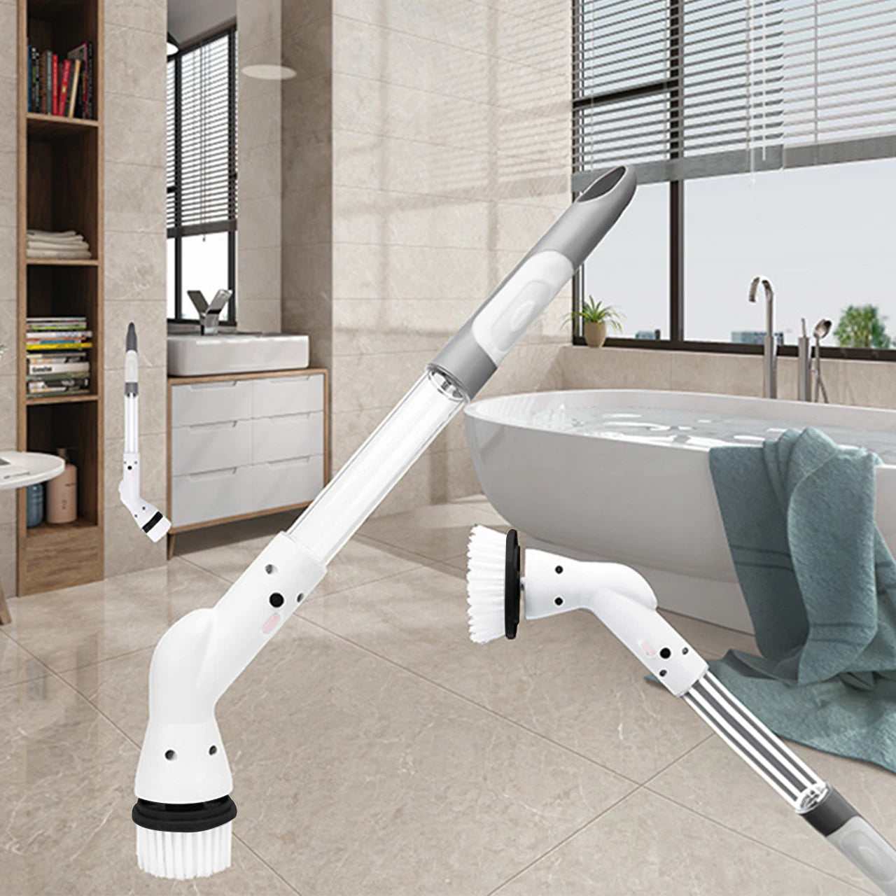Cordless Electric Cleaning Brush Rotary Scrubber with Extension Handle Adjustable Speed - White