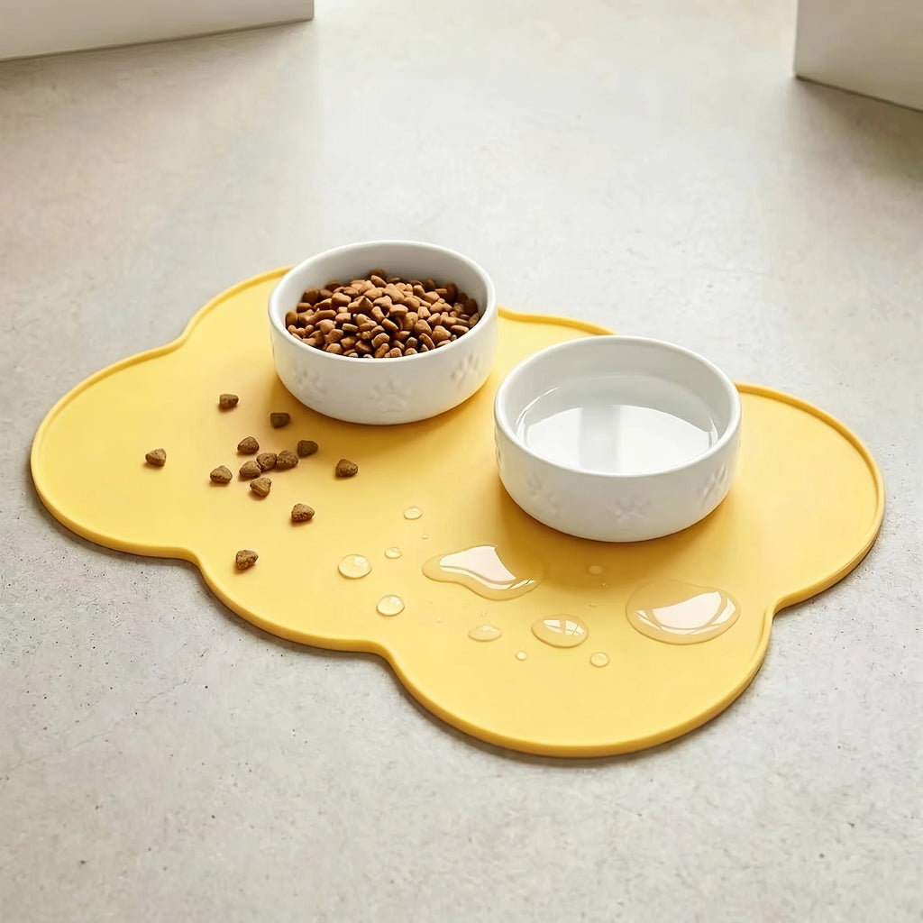 Pet Feeding Mat Silicone Waterproof Cat Bowl Placemat with Raised Edge - Yellow