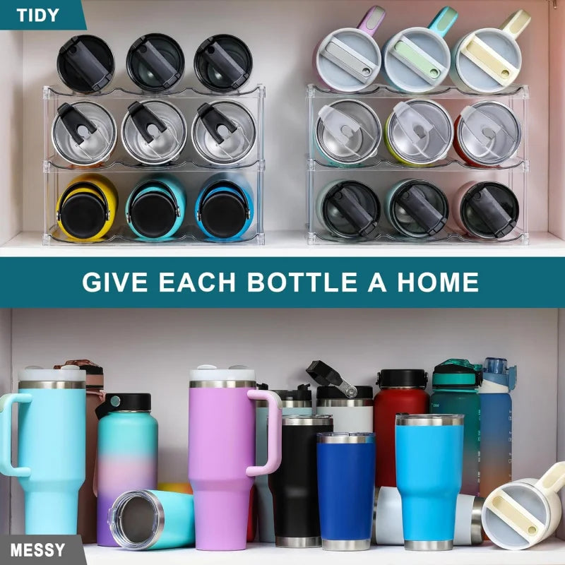 3 Tier Stackable Water Bottle Storage Rack Large Capacity Cup & Tumbler Organiser – Holds 9 Bottles