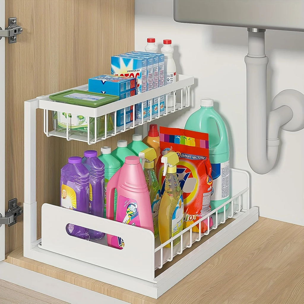 Storage Rack 2 Tier Sliding Under Sink Metal Cabinet Organiser - Black
