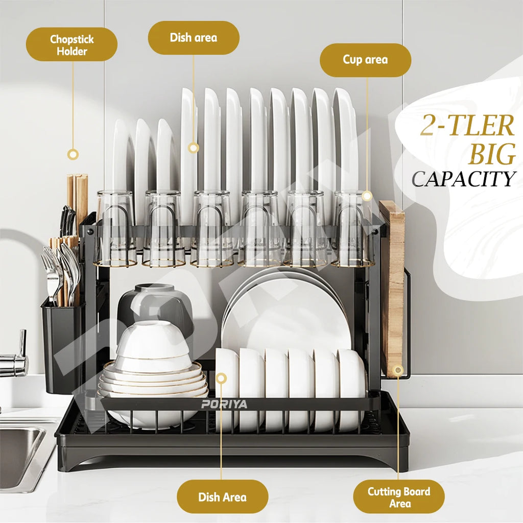 Dish Drying Rack 2 Tier Carbon Steel Dish Drainer with Auto Drain Spout Kitchen