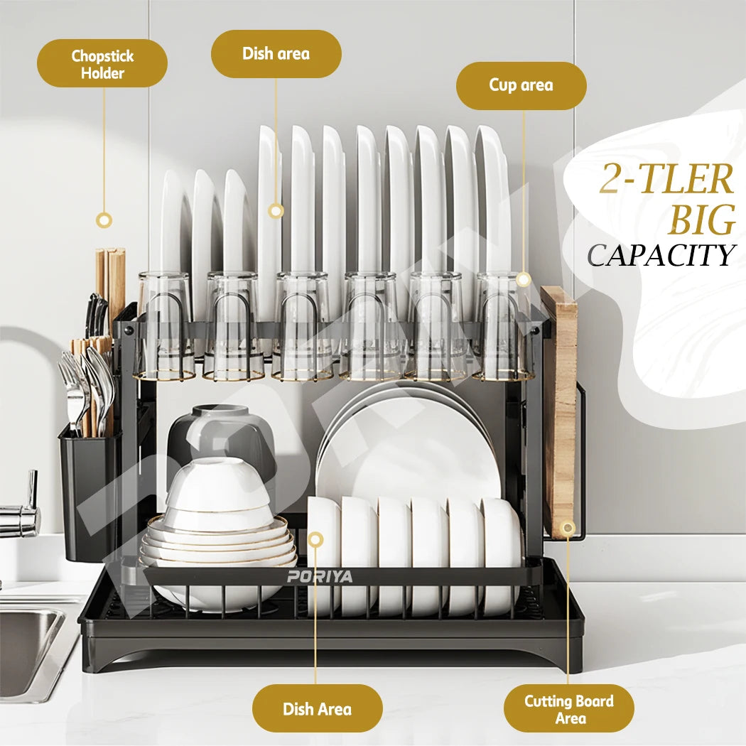 Dish Drying Rack 2 Tier Carbon Steel Dish Drainer with Auto Drain Spout Kitchen