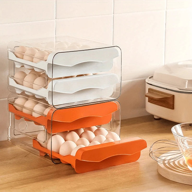 Egg Storage Box 32 Grid 2 Layer Drawer Fridge Organiser with Lid Reusable Container
