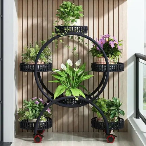 6 Pot Metal Plant Stand with Wheels 4 Tier Flower Display Rack Rolling Plant Shelf – Black