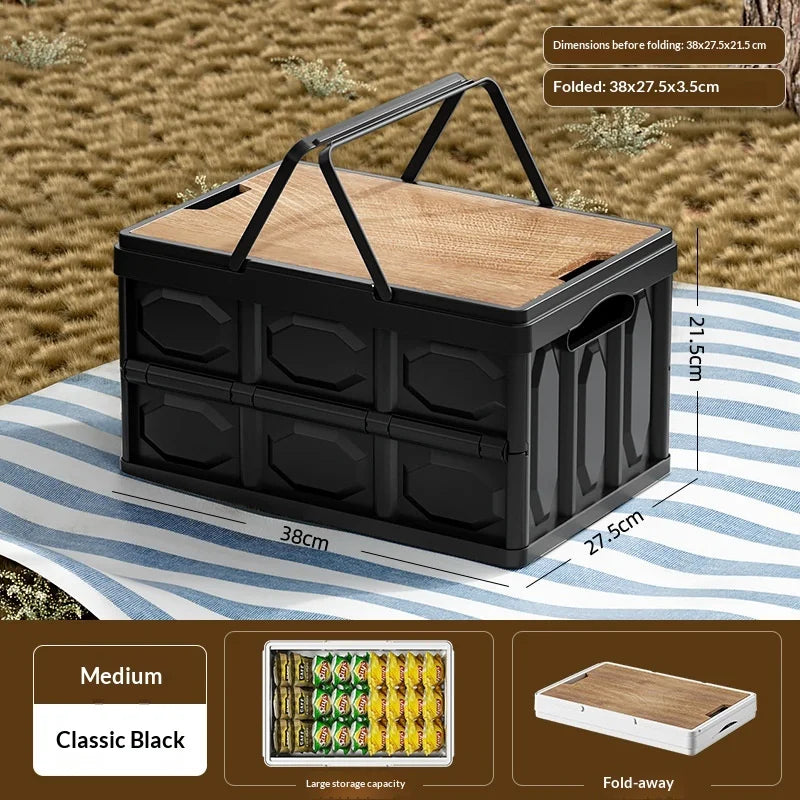 Foldable Camping Storage Box with Wooden Lid, Portable Stackable Organizer for Travel - Black