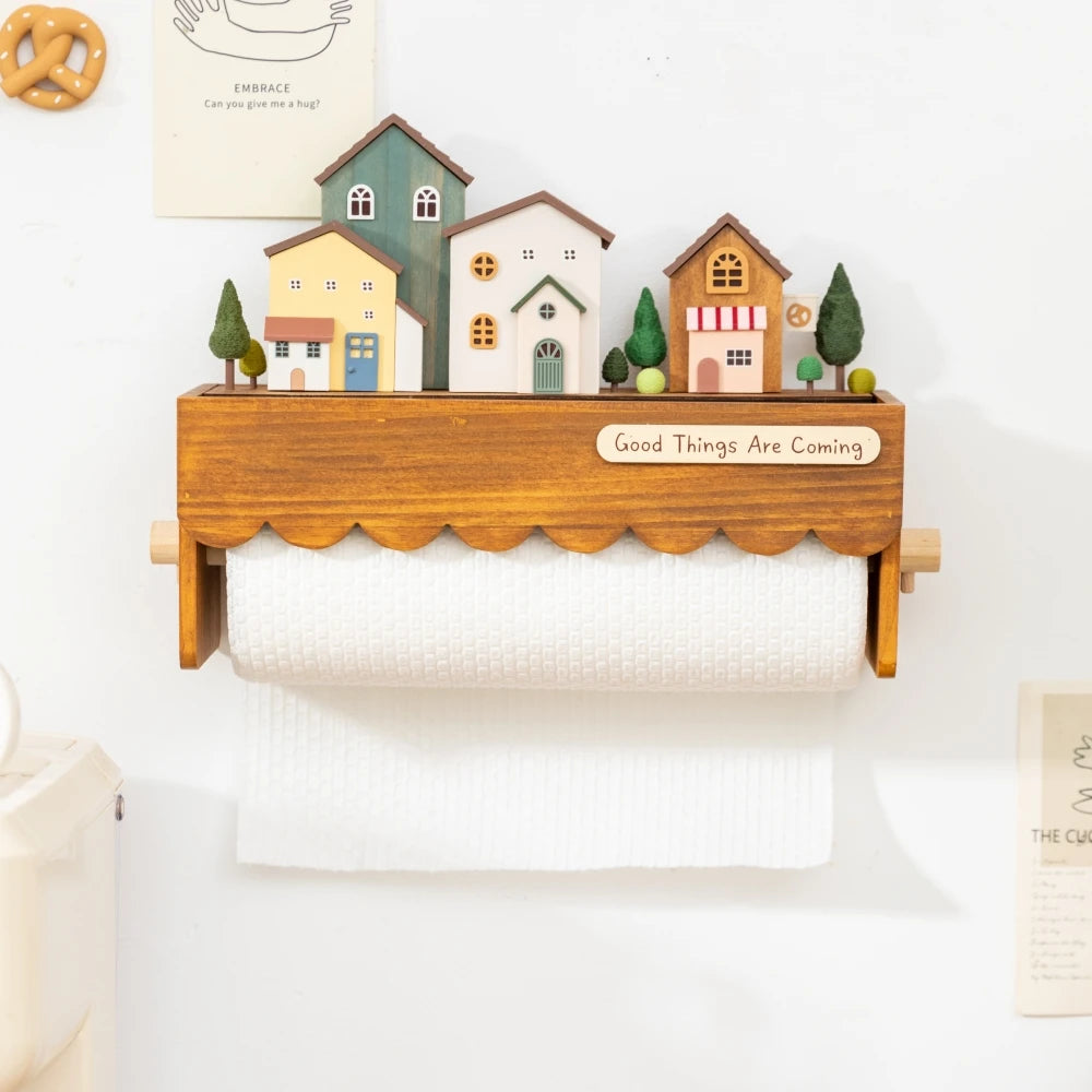 Wooden Paper Towel Holder Wall Mounted Kitchen Storage Rack with Display Shelf and Hanging Rod