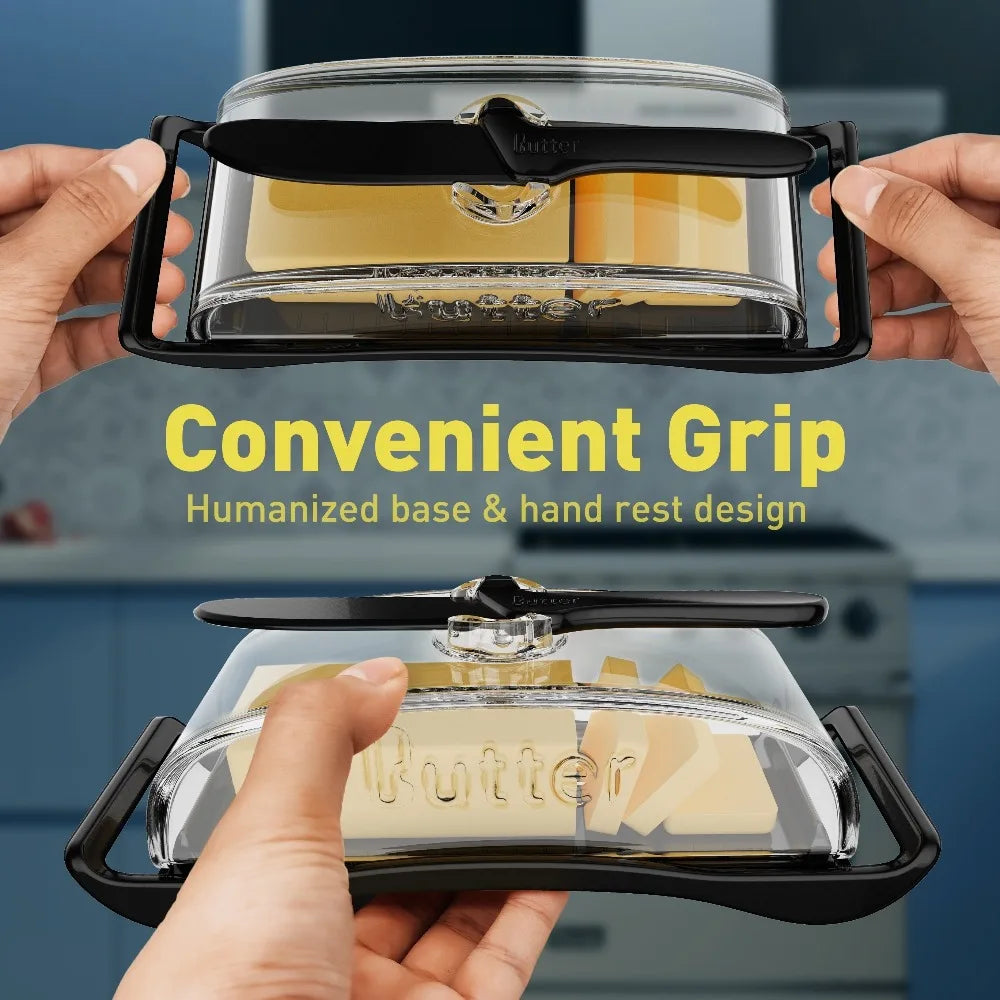 Butter Dish with Lid and Spreader Knife Plastic Butter Storage Container with Measurement Guide – Black