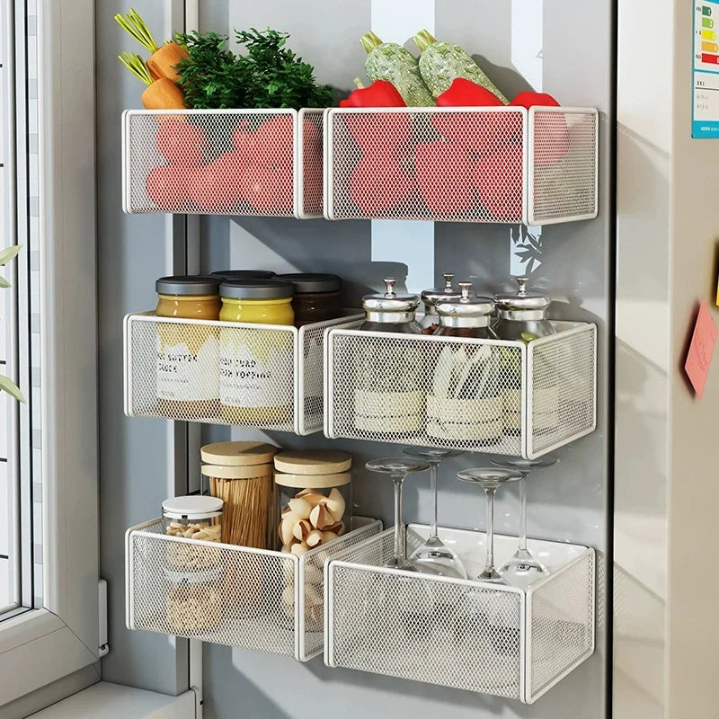 Storage Hanging Basket Steel Kitchen Shelf Organiser for Refrigerator Side Wall Mount Rack - White