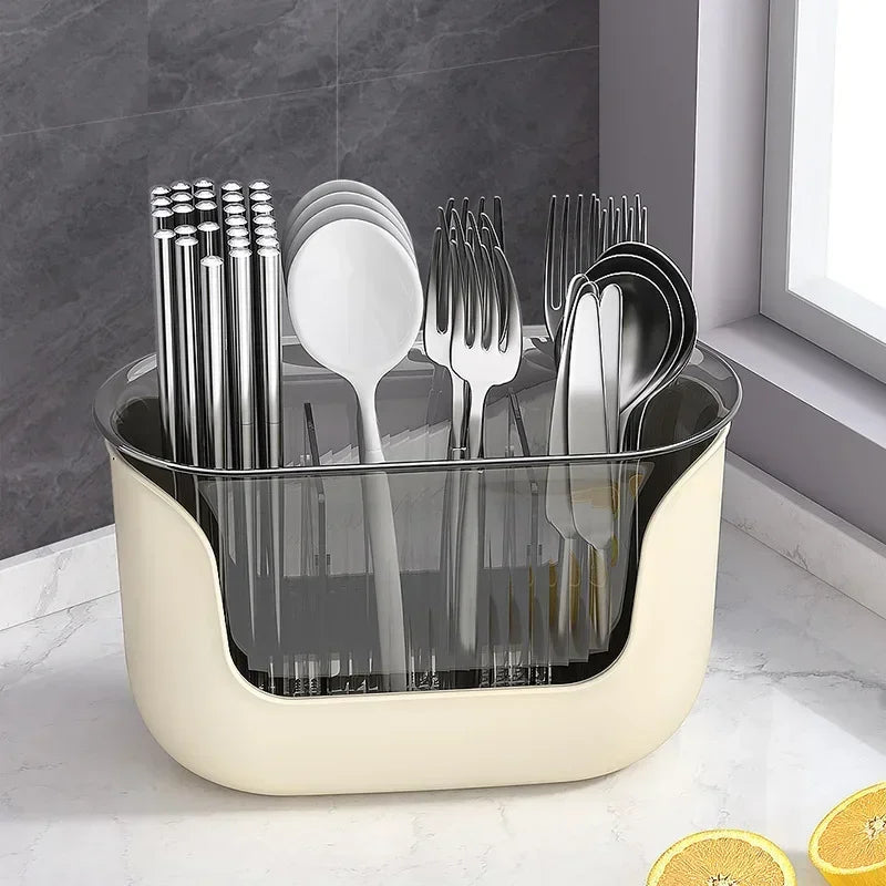 3-Compartment Cutlery Holder Plastic Chopstick Storage Basket With Drain Tray – Yellow