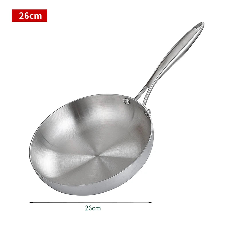 Frying Pan 26cm Stainless Steel Flat Bottom Uncoated Cookware Anti-Scald Handle