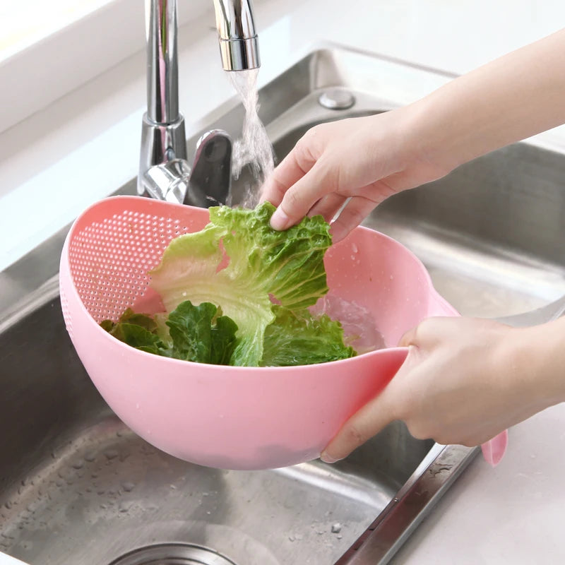 Kitchen Rice Sieve Drain Basket 22cm Vegetable Fruit Washing Strainer With Handle - Pink