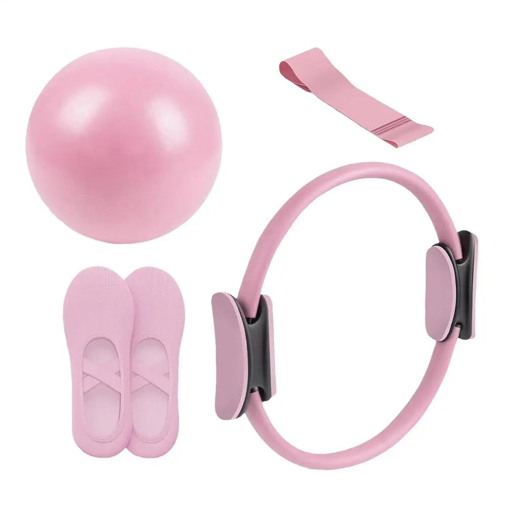 Pilates Ring and Ball Set Portable Resistance Training Kit with Band Home Fitness Equipment - Pink