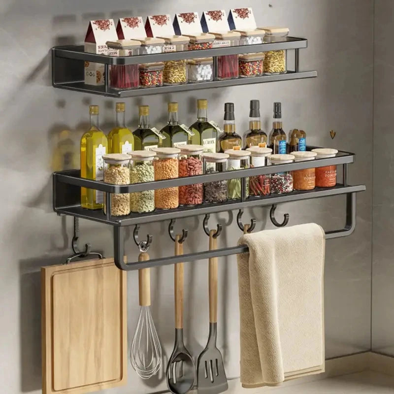 Wall Mounted Aluminum Kitchen Spice Rack with Hook Bar Storage Shelf Organizer – Black 50cm