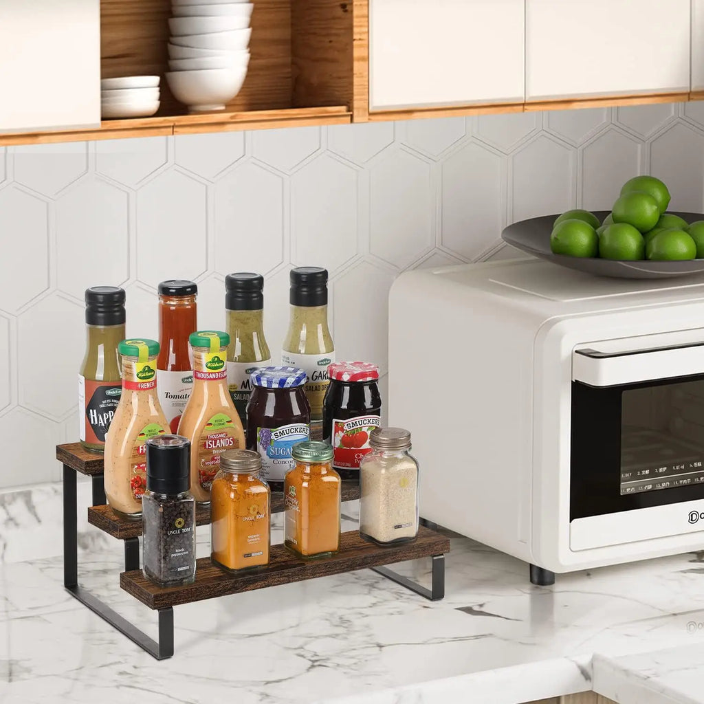 Display Rack 4 Tier Solid Wood Countertop Organiser Kitchen Storage Stand
