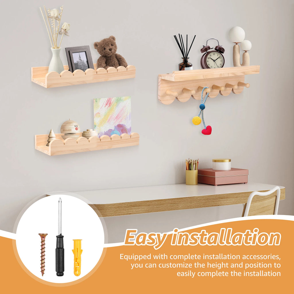 Wood Floating Wall Shelf Set with Scalloped Edge and Hooks – 3 Pieces