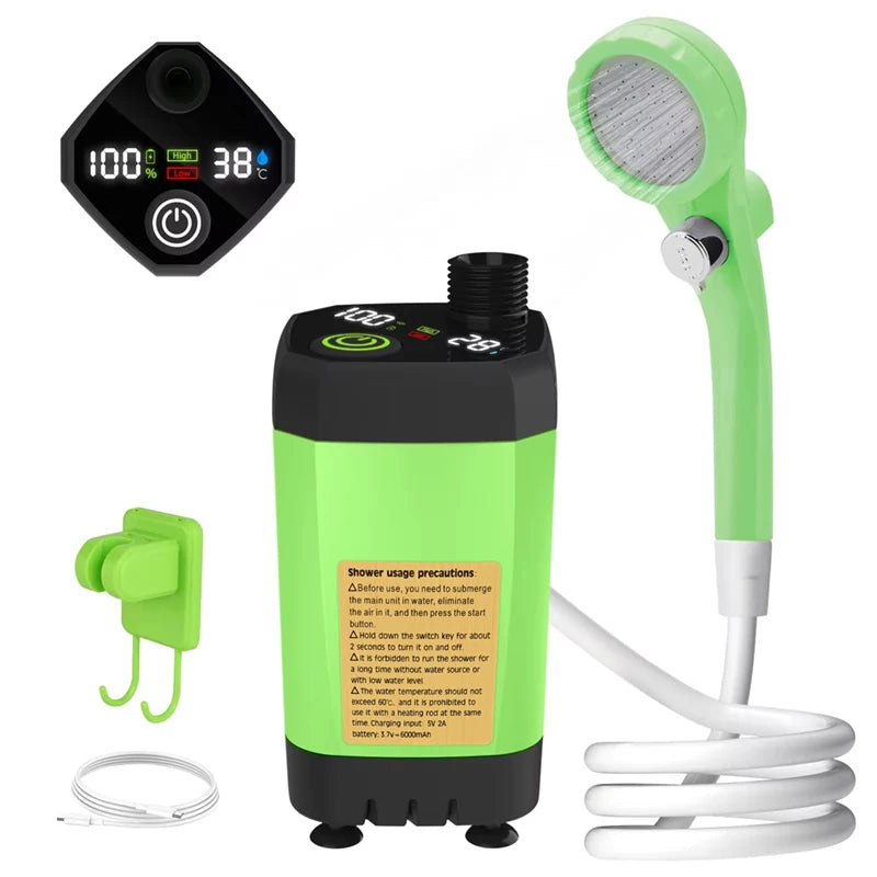 Portable Camping Shower Pump RV Outdoor Shower Kit with Digital Display Adjustable 6000mAh - Green