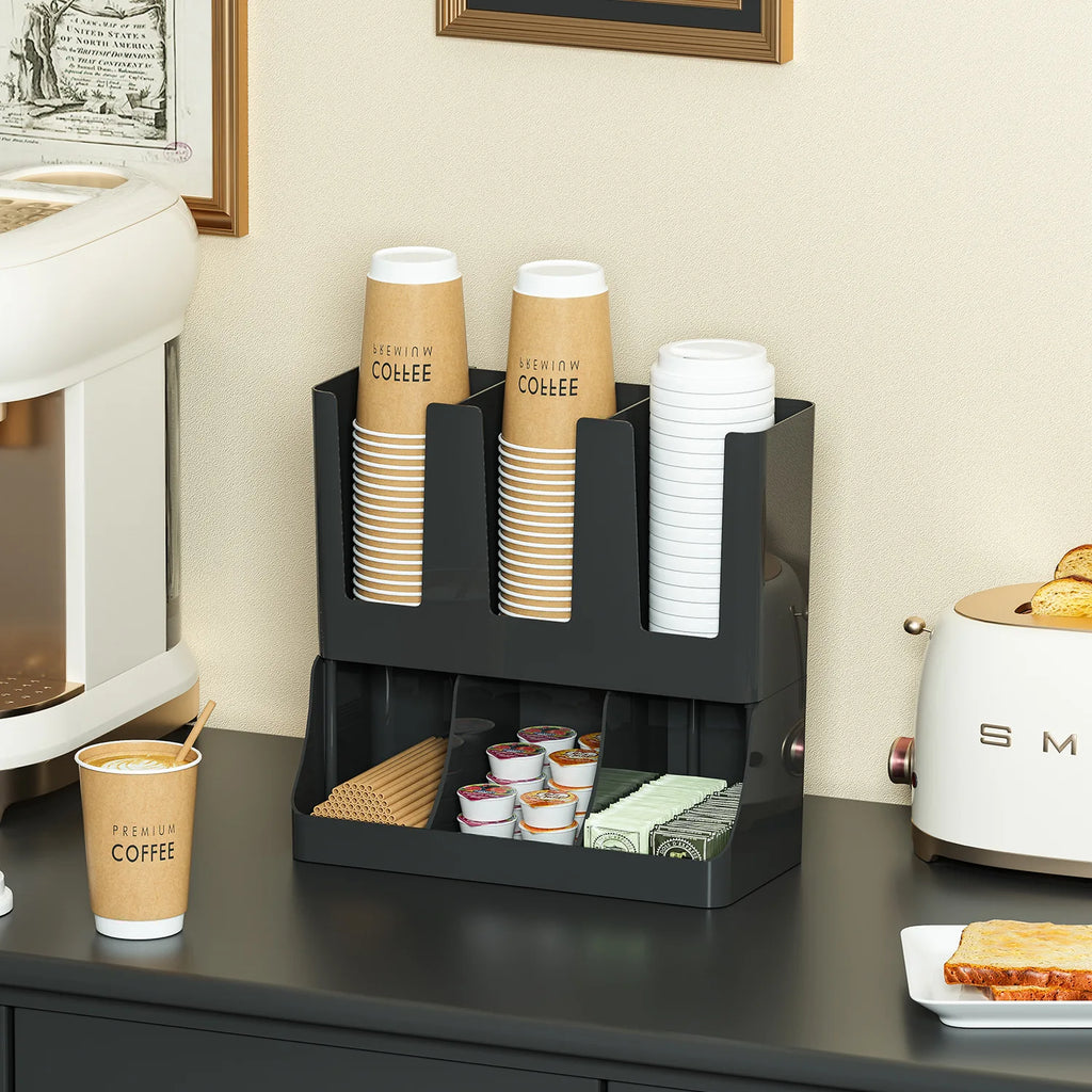 Coffee Station Organiser Wall Mounted Countertop Cup and Condiment Storage Rack - Black