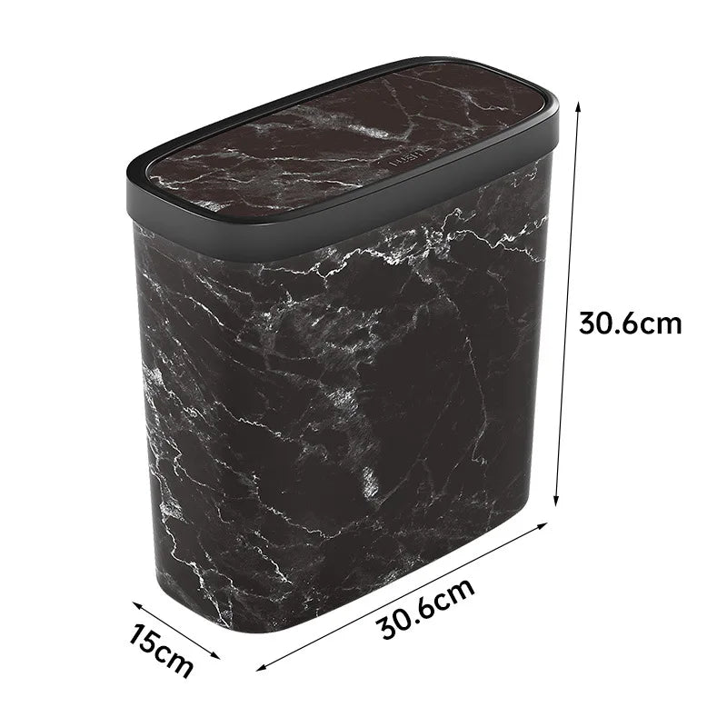 Slim Trash Can Wood Grain Design Swing Lid Compact Garbage Bin for Bathroom Kitchen Black