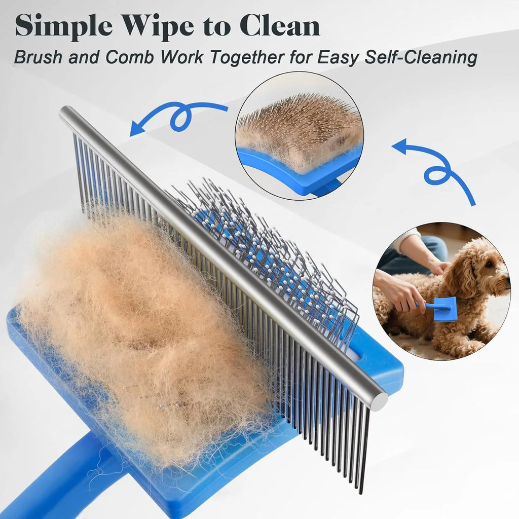 Pet Grooming Brush Set 2 Piece Self Cleaning Slicker Brush Dematting Comb Hair Removal Tool