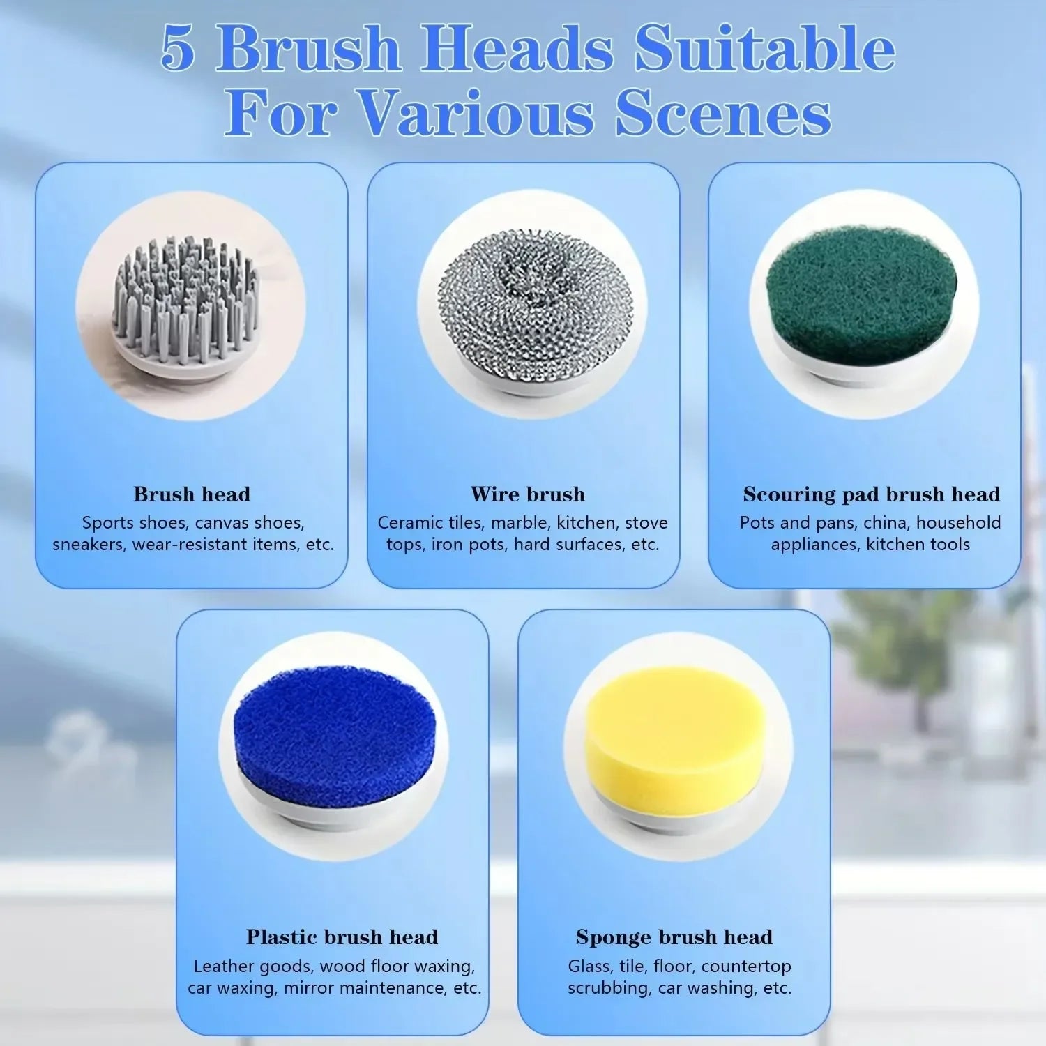 5-in-1 Electric Spin Cleaning Brush USB Rechargeable Cordless Scrubber with LED Display and 5 Brush Heads – Blue