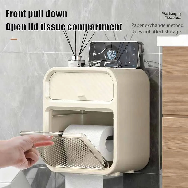 Waterproof Toilet Paper Storage Box Wall Mounted Tissue Holder with Storage Shelf – White