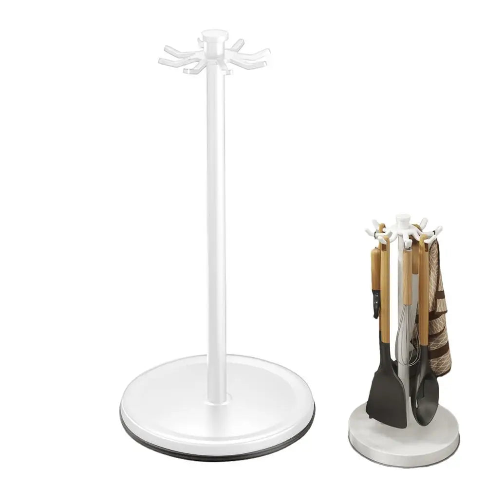 360° Rotating Kitchen Utensil Holder with 8 Hooks Countertop Cooking Tool Organizer Stand – White