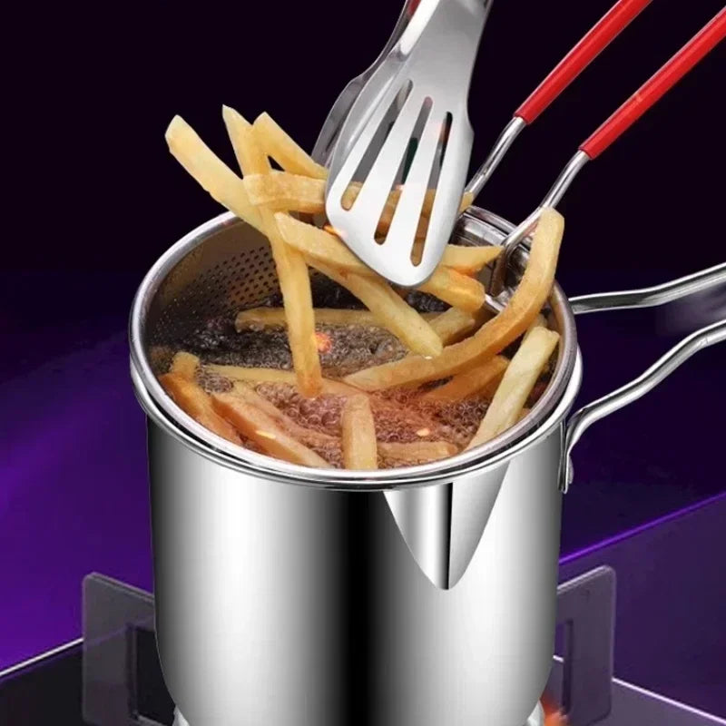 Deep Fryer Pot 12 cm Stainless Steel 3 Piece Set with Strainer and Clip for Induction Cooking