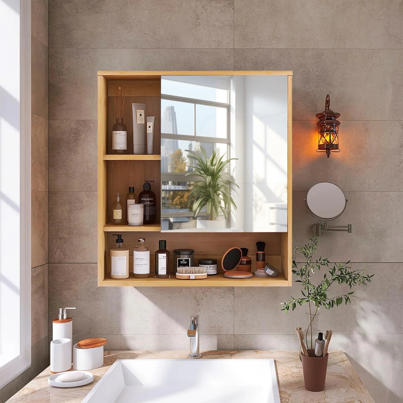 Wall Mounted Bamboo Bathroom Mirror Cabinet with Storage Shelves Medicine Cabinet Organizer – Natural Wood