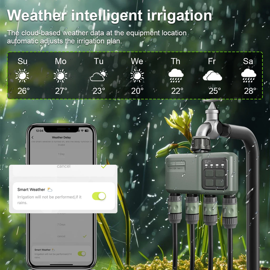 Smart WiFi RF433 Garden Sprinkler Water Timer 4 Outlet Programmable Automatic Irrigation Controller with Rain Delay
