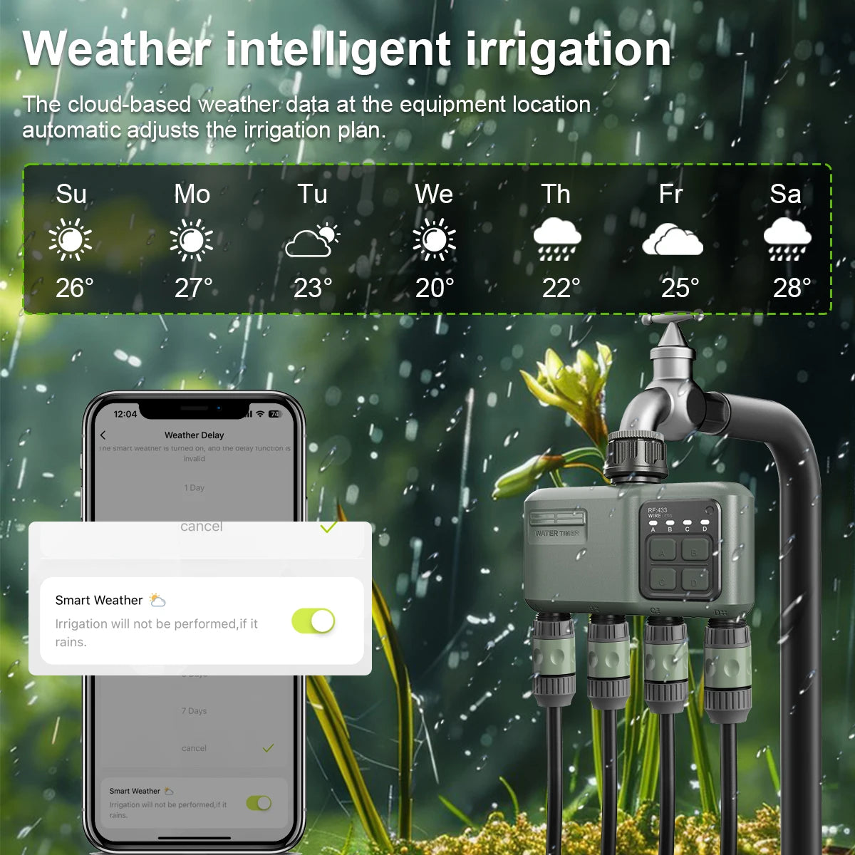 Smart WiFi RF433 Garden Sprinkler Water Timer 4 Outlet Programmable Automatic Irrigation Controller with Rain Delay