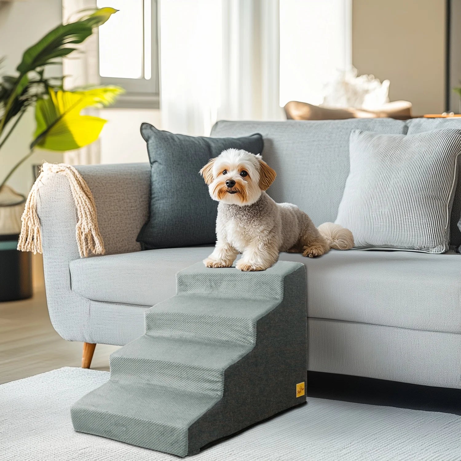 4 Step Non-Slip Dog Stairs Ramp with Washable Cover Soft Foam Pet Steps for Sofa Bed and Couch – Grey