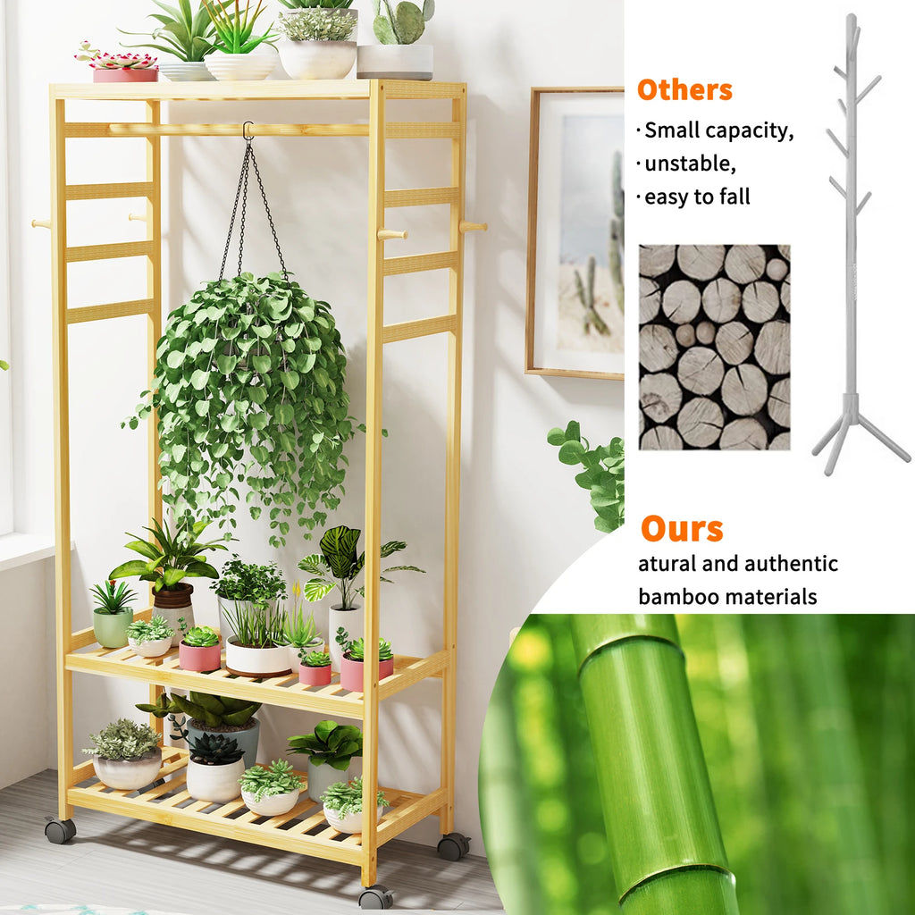 Heavy Duty Bamboo Clothes Rack with Shelves Rolling Garment Rail Open Wardrobe and Side Hooks – Natural Wood