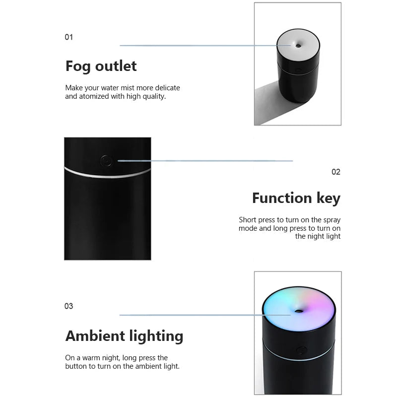 Portable Humidifier 230 mL USB Rechargeable Cordless Mist with Light - Black