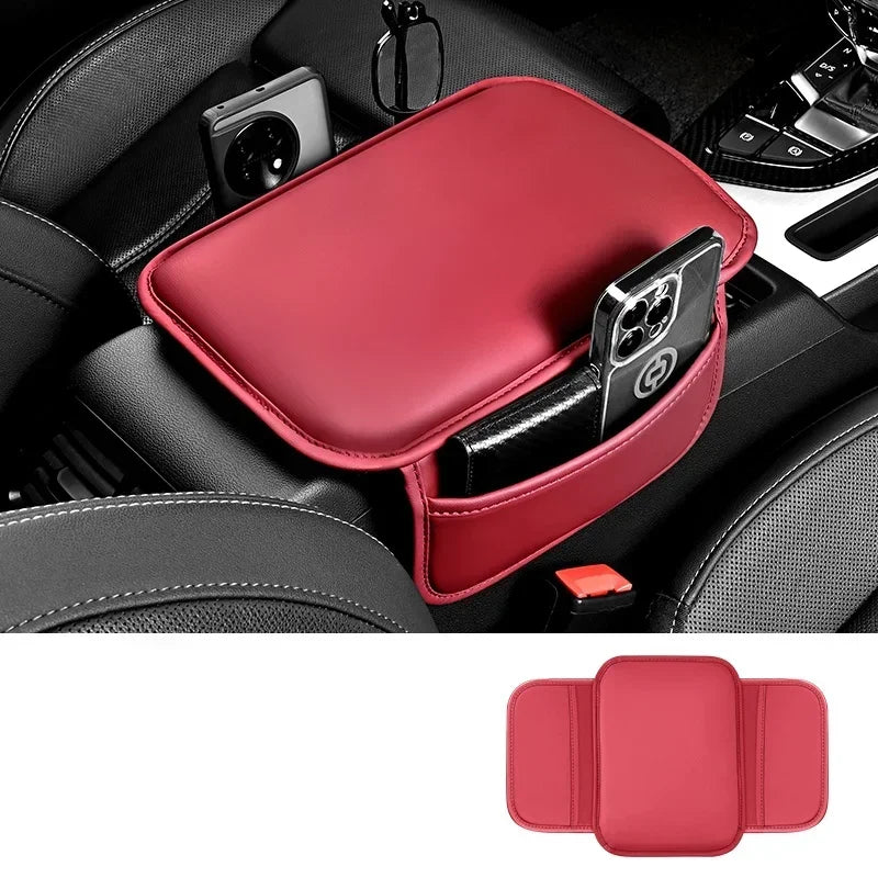 Armrest Cushion Adjustable PU Leather Centre Console Pad with Storage Pocket Elbow Support - Red