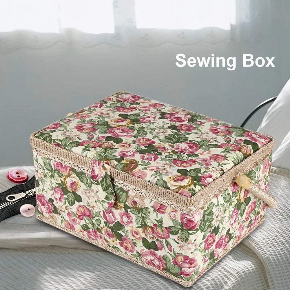 Portable Floral Fabric Sewing Storage Box Organizer with Handle Craft Tool Case