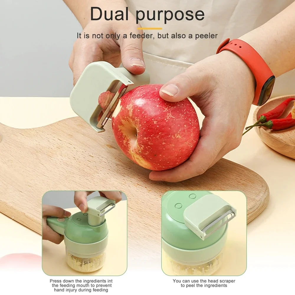 Electric Vegetable Slicer 4 in 1 USB Rechargeable Food Chopper Garlic Crusher Meat Grinder – Green