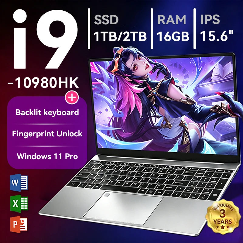 Laptop 15.6 Inch Intel Core i9 16GB RAM 1TB SSD Windows 11 Pro Fingerprint Unlock