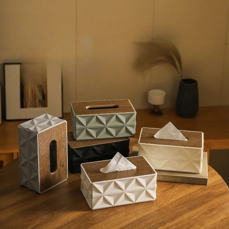 Large Capacity Ripple Tissue Box Cover with Wooden Lid Modern Desktop Tissue Holder Home Organizer – Grey