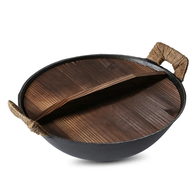 Cast Iron Wok Pot 40cm Round Bottom Non Coated Cooking Pot with Lid