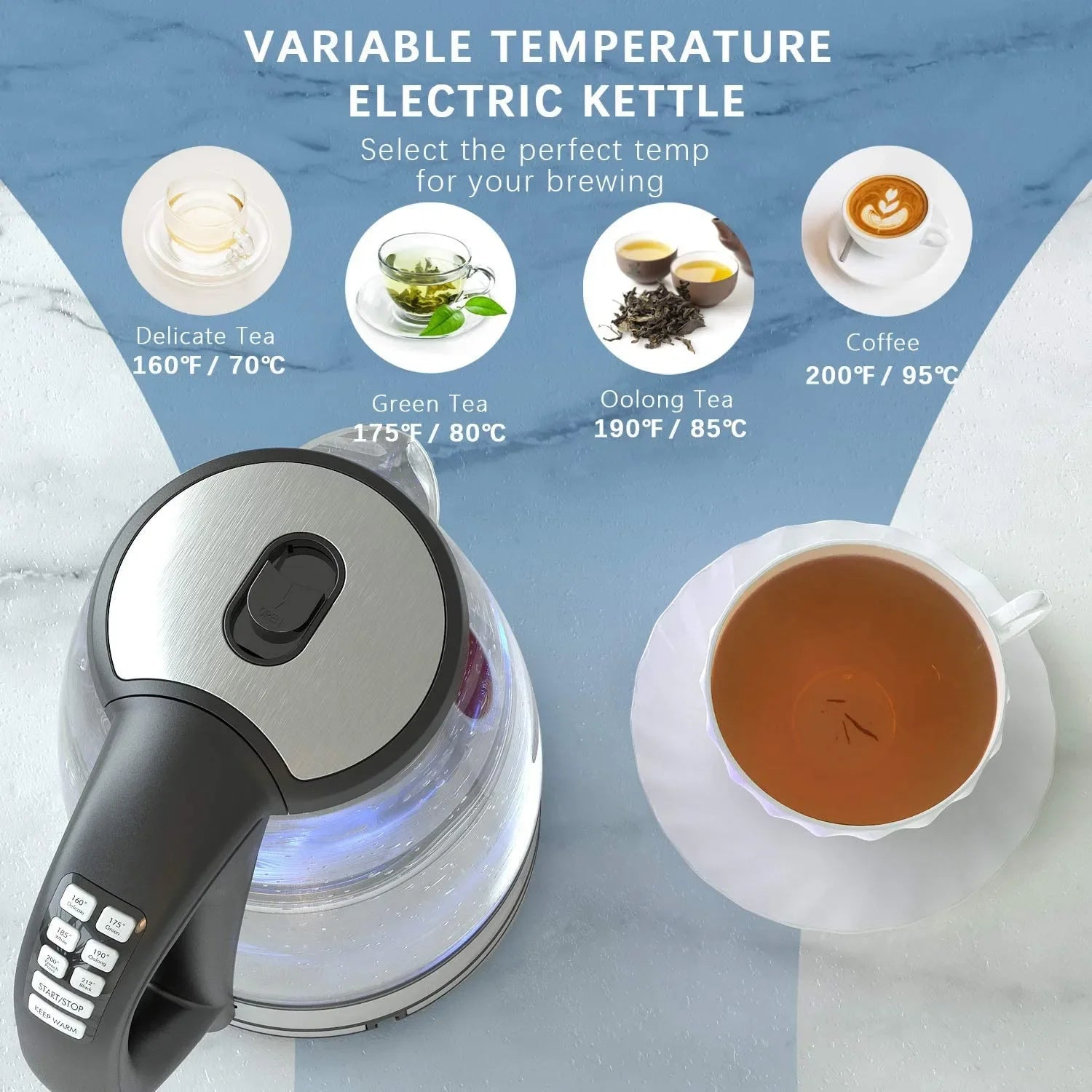 Electric Glass Kettle 2L 2200W Fast Boil with Temperature Control Matte Black