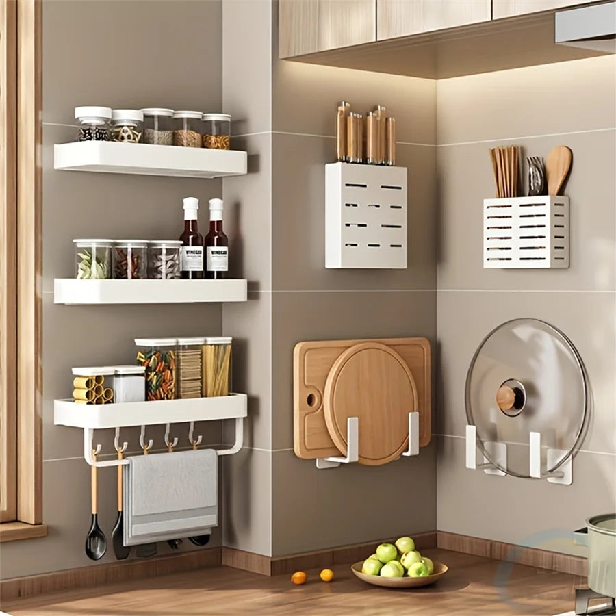 Wall Mounted Aluminum Kitchen Spice Rack with Hooks Storage Shelf Organizer – 50cm
