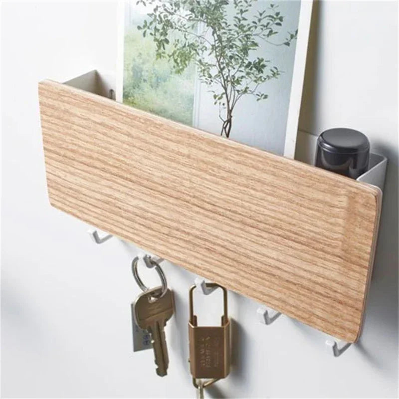 Wall Mounted Bamboo Key Holder Rack with 6 Hidden Hooks Entryway Organiser – Black