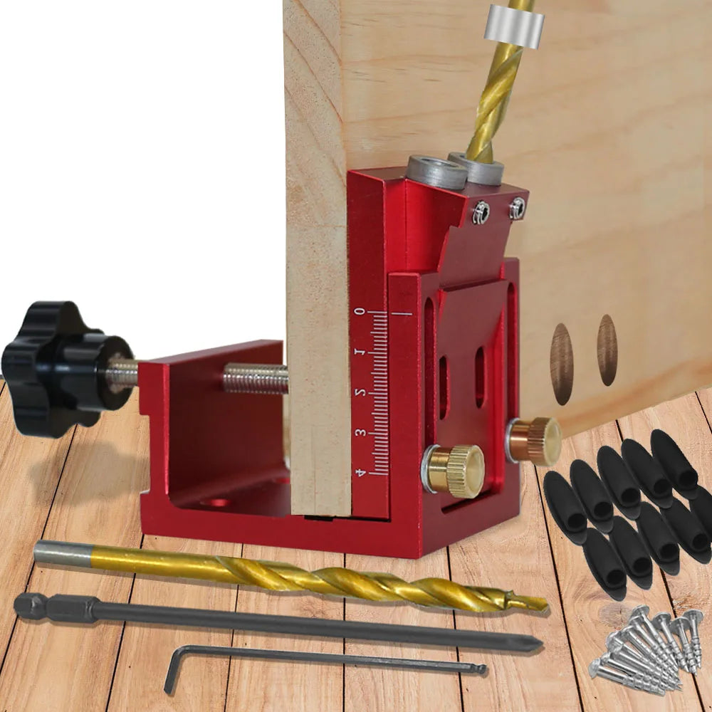 Pocket Hole Jig Kit with Drill Guide Step Drill Bit Screws and Wooden Plugs for Woodworking Red