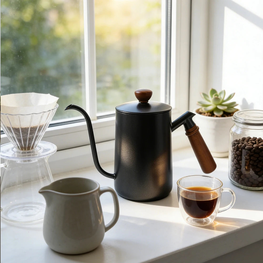 Coffee Pouring Pot 600mL Stainless Steel Gooseneck Manual Drip Brewer with Lid and Handle