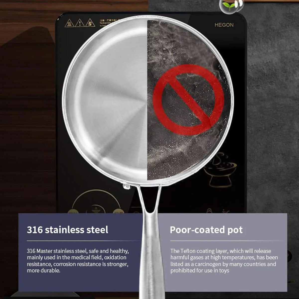 Frying Pan 20 cm 316 Stainless Steel Uncoated Skillet with Ergonomic Handle for Gas and Induction Cookers