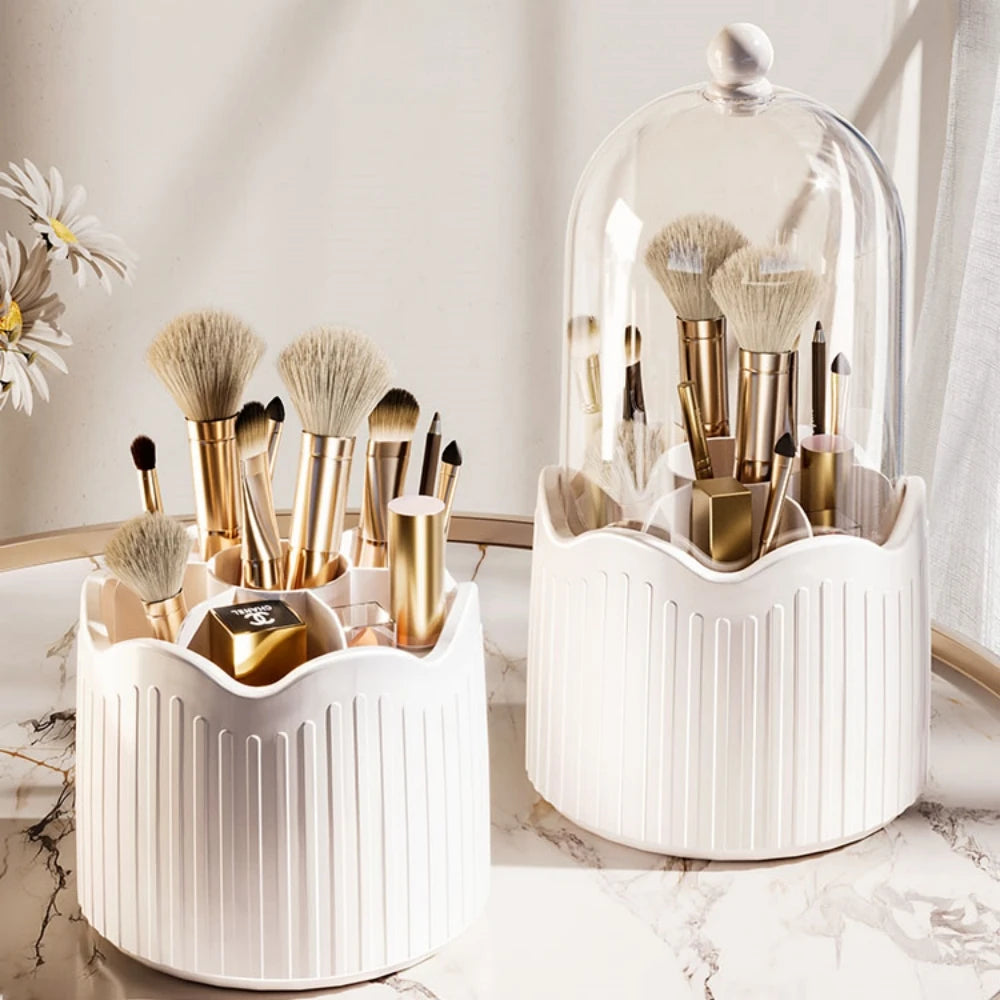 360° Rotating Makeup Brush Holder Cosmetics Organizer with Dustproof Lid and Storage Compartments – Yellow