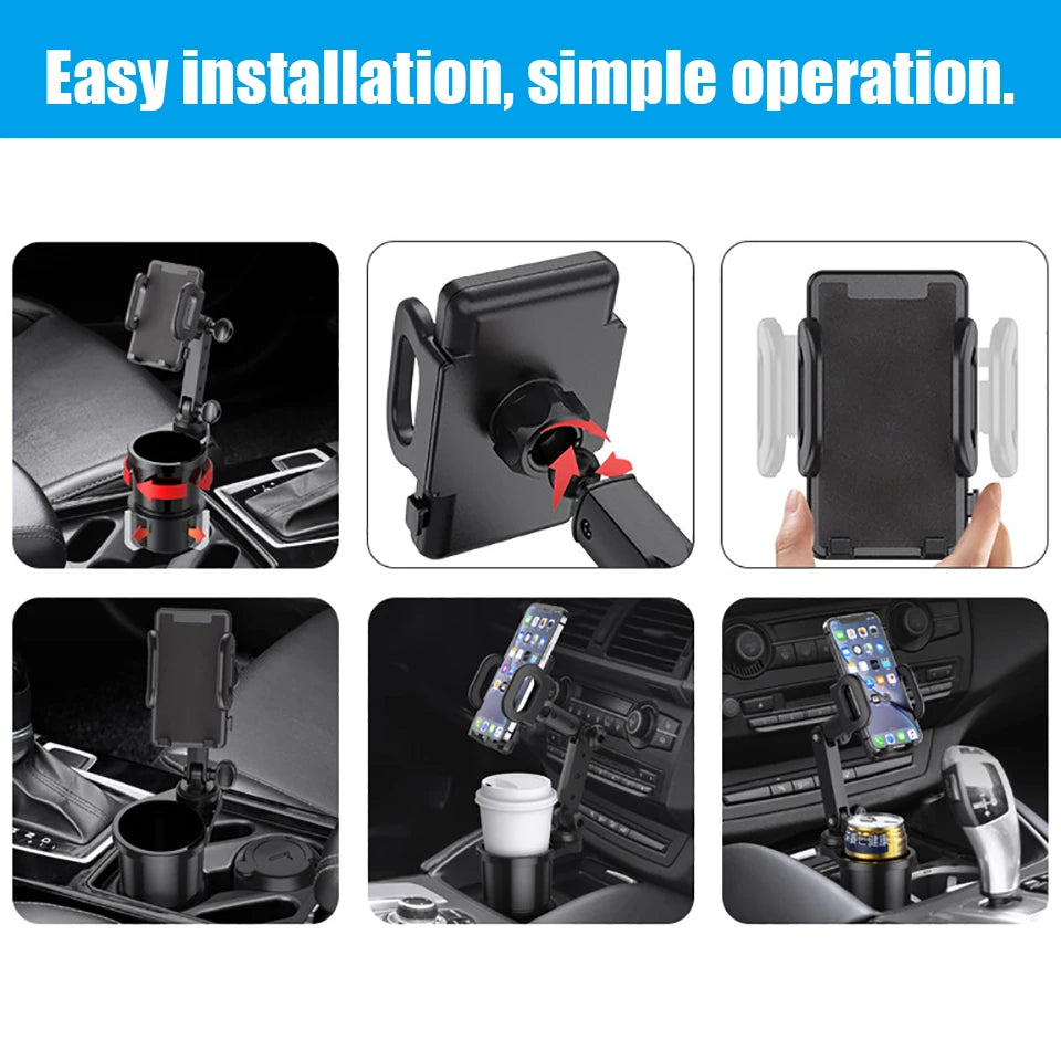 Phone Holder Adjustable Cup Holder Expander 360° Rotating Drink Holder Dashboard Organiser - Black