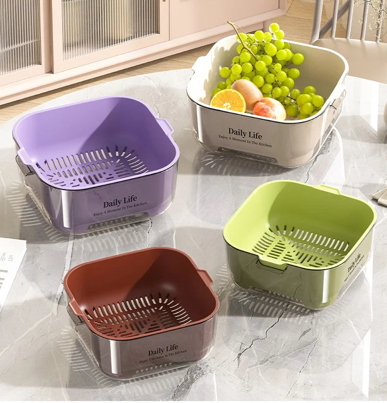 Double Layer Vegetable Wash Basin Colander Basket with Drainage Bowl – White